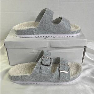 Olivia Miller Light Gray Fuzzy Slide Talia Slipper Sandals Women’s 7 New‎ in Box
